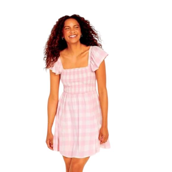 Old Navy Pink & White Plaid Flutter Sleeve Smocked Dress Sz Small - Picture 2 of 8